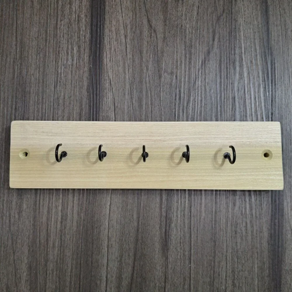 Handmade 10 inch Wall Mount 5 Hook Key/Hat Rack Brown Solid Wood Black Hooks